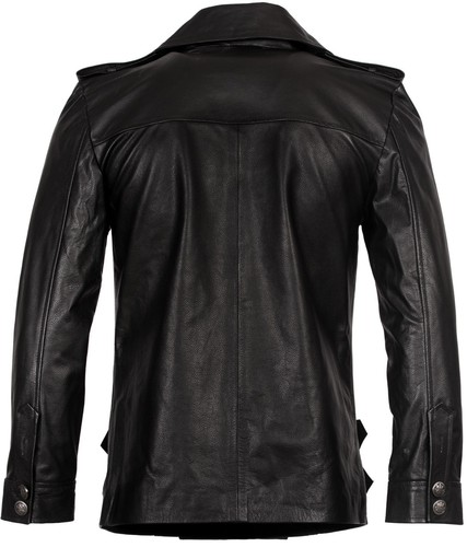 Mens Classic German Navy Military Peacoat Black Cowhide Leather Jacket - Picture 2 of 4