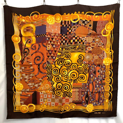 MINT Unused Celine Silk Scarf Brown Gold Orange Music 86cm 34inch Italy Klimt