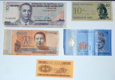 Five Banknotes from Far East- Cambodia, China, Malaysia, Indonesia, Philippines