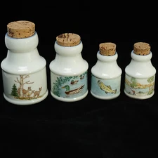 Milk Glass Spice Jars Set of 4 Hand Painted Country Farm Outdoor Scenes Covered