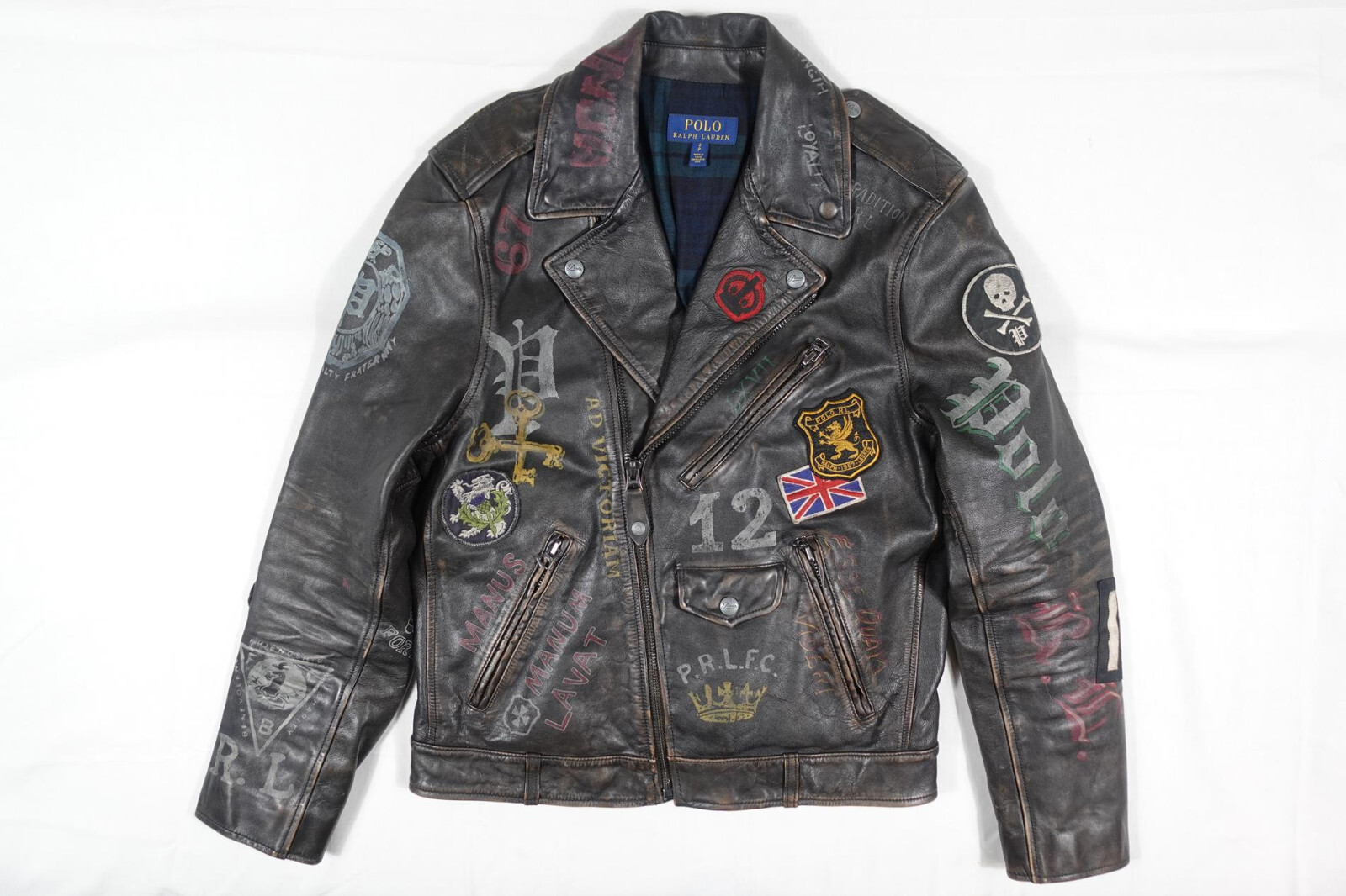 Polo Ralph Lauren Jacket Leather Moto Biker Varsity Skull Letterman RARE NWOT S