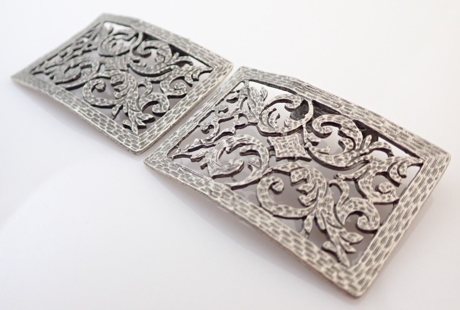 Pair of Vintage Filigree Cut Out Silver Tone Shoe Buckles Clips