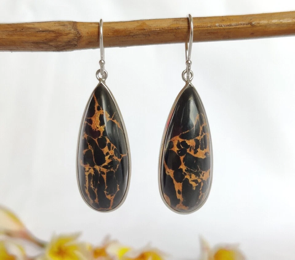 Black Copper Turquoise Gemstone 925 Sterling Silver Beautiful Designer Earrings - Image 2 of 4