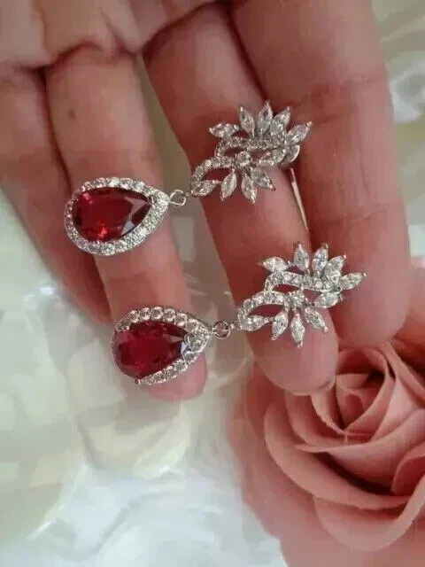 3.00CT Pear Cut Lab Created Red Ruby Drop/Dangle Earrings 14k White Gold Plated - Image 4 of 4