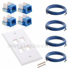 Cat5e 4-Port Wall Plate + 4 RJ45 Keystone Jacks & 4x 6FT Ethernet Cables Set
