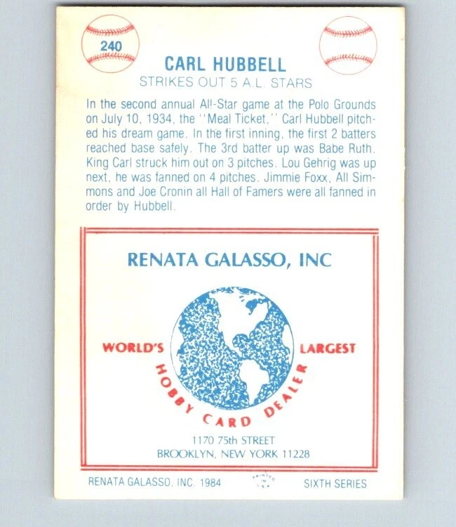 1984 TCMA RENATA GALASSO #240 CARL HUBBELL NRMT LN - Image 2 of 2