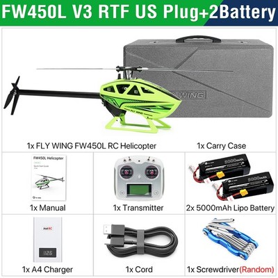 FlyWing FW450L V3 RC Hubschrauber, 10-Kanal GPS ACE Flugsteuerung, 2 Akkus, Grün