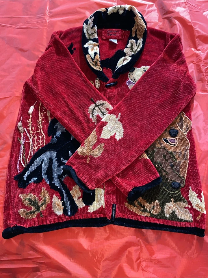 Vintage Storybook Knits Sporting Hounds Cardigan Sweater Sz Small Labrador READ! - Image 4 of 4