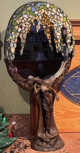 Art Nouveau Bronze & Stained Glass Lamp with Mirror  ~ Female Figure