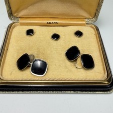 Mid Century Swank Black Onyx and Silver Tone Cufflinks Dress Set Whit Case