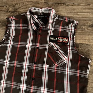 Harley Davidson Sleeveless Flannel Plaid Shirt Mens 3XL Patch Biker Motorcycle