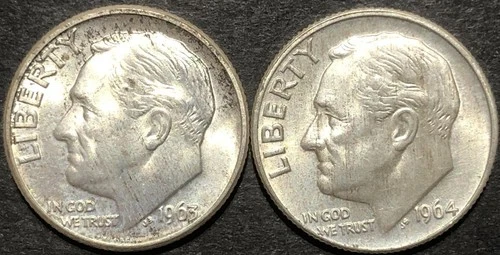 1963-D 1964-D 90% SILVER DIME COIN LOT 2 pc UNC