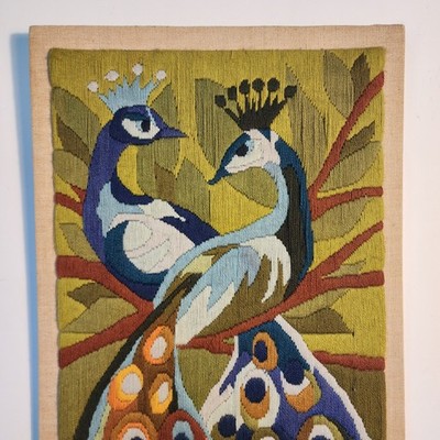 Swedish Vintage NIAB Nordiska WALL TAPESTRY WOOL DECOR PEACOCKS SIGNED 1982 Art
