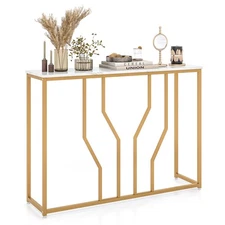 44" Gold Console Table with Faux Marble Tabletop Golden Metal Frame for Entrance