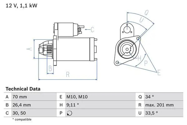 BOSCH 0 986 020 350 Motorino di avviamento Rendimento in fase d'avviamento: 1,1KW, Tensione: 12V, N° denti: 9 - Immagine 2