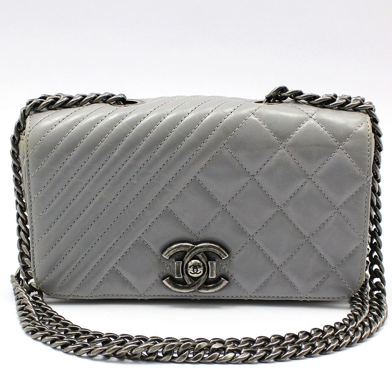 CHANEL Gray Chevron Quilted Coco Boy Small Flap Crossbody Bag with Chain