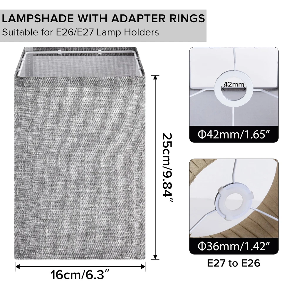 Juego de 2 pantallas de lámpara cuadradas pequeñas grises, L6.3"x W6.3"x H9.84" tela ajustadora UNO... Foto 3 de 4