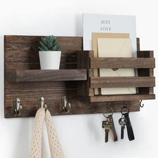 Rustic Wood Mail Organizer for Wall Mount Key Holder with Shelf Letter Holder