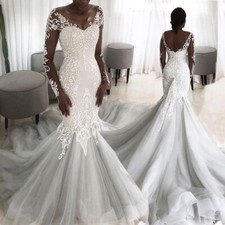 Lace Mermaid Wedding Dresses with Sleeves Illusion Back Bridal Gowns Long Tail