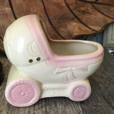 Vintage Ceramic Nursery Baby Carriage Buggy Stroller Planter Home Decor Japan