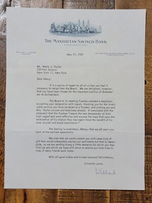 Willard K. Denton Chief Officer Manhattan Savings Bank Signed Letter Signed 1957