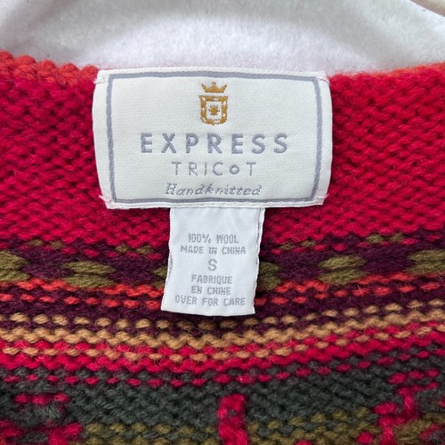 Express Cardigan Women S Red Hand Knit 100% Wool Fair Isle Pattern Chunky Knit - Picture 3 of 11