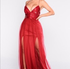 Fashion Nova Dress Cherry Red Ayana Corset Sequin Tulle Mesh Overlay Double Slit