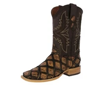 Mens Honey Brown Western Boots Leather Pirarucu Fish Print Cowboy Dress Square