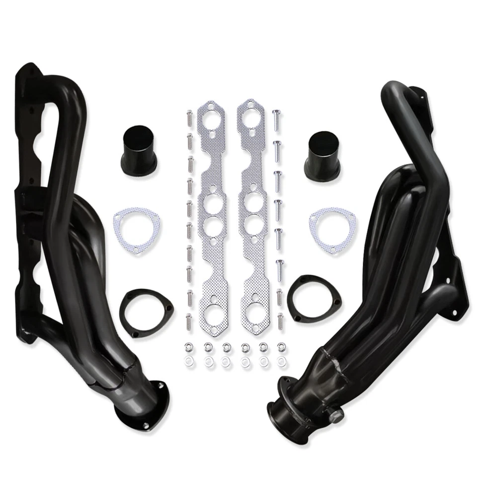 Cabezales de escape de acero negro para camioneta Chevy SBC GMC 1500 2500 V8 1988-1997 Foto 2 de 4