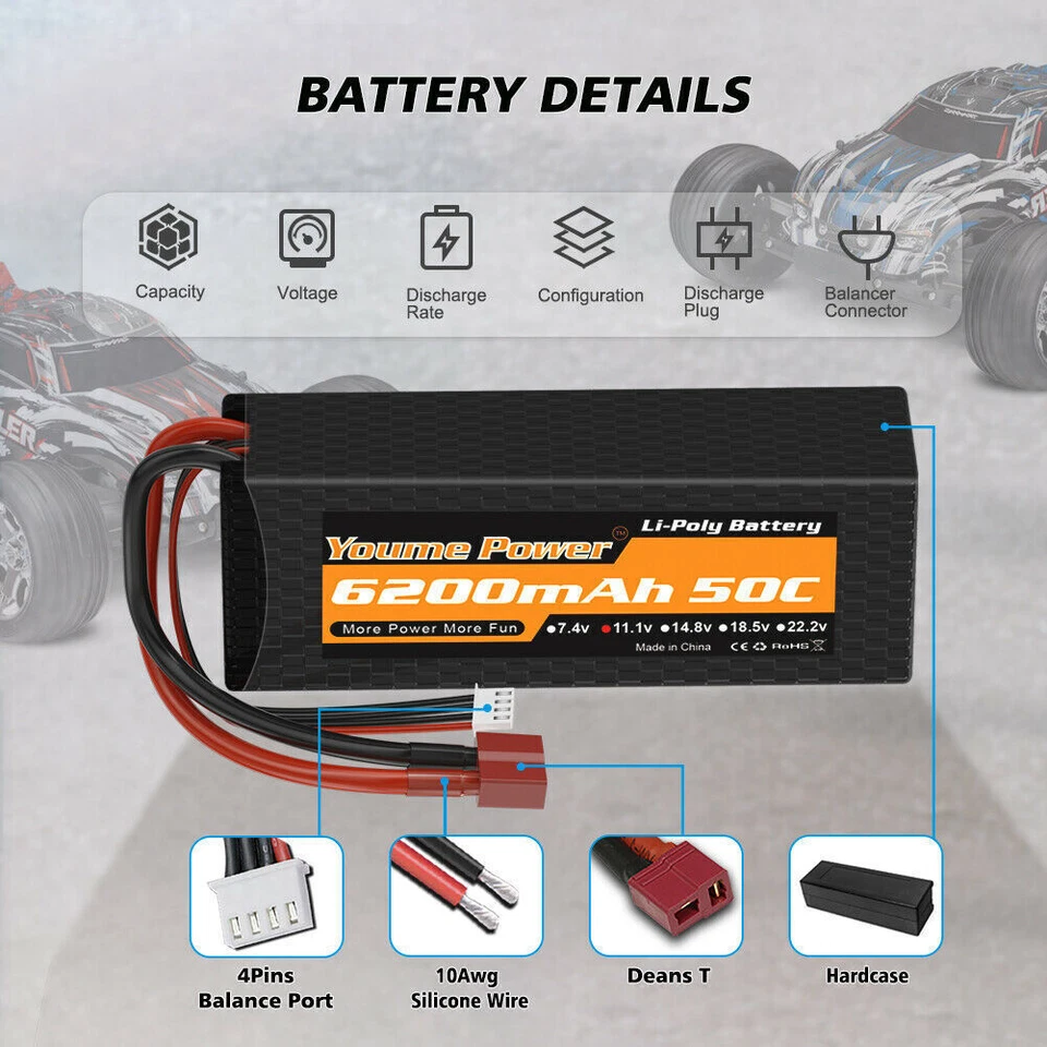 2 Stück 11,1V 3S 6200mAh 50C Lipo Akku Hardcase Deans für RC Auto & LKW - Bild 4 von 4