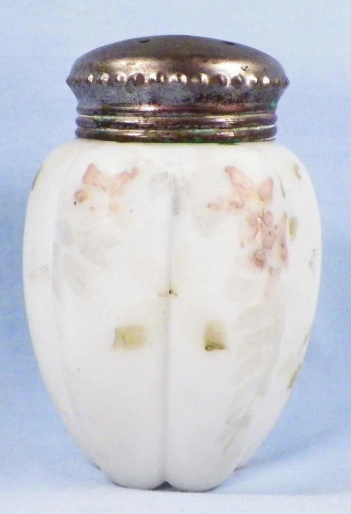 Muffineer Sugar Shaker White Satin Glass Pink Enamel Flowers Pewter Lid Antique