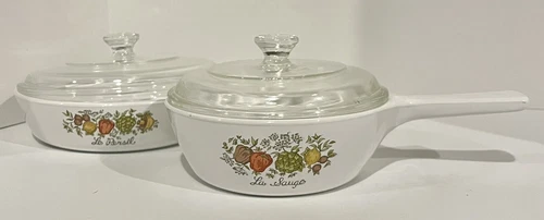 Lot of 2 Vintage Corning Ware Pyrex La Sauge & Le Persil 1 Lid EUC 6.5” & Pint