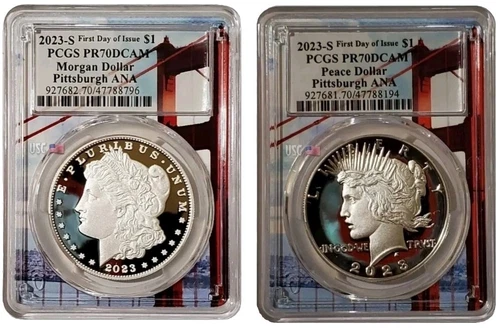 2023-S $1 MORGAN N PEACE DOLLAR PCGS PR70DCAM FDOI Pitts Ana Golden Gate Lab Set