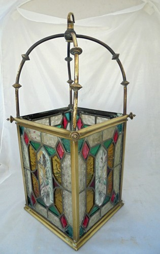 Victorian Stained Glass Ceiling / Hall Lantern Shade Brass Framed - Picture 3 of 10