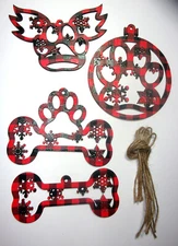 4 wooden 4.25" Christmas ornaments red black plaid dog bone paw print angel wing