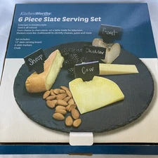 Kitchen Worthy 12" Natural Slate Serving Board & Markers Charcuterie Cheese New