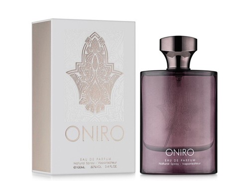 White box with gold geometric pattern and “ONIRO” text beside purple glass perfume bottle with matching cap.