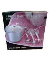 WM. Rogers Son 4 Piece Silver plated Baby Feeding Set. NOB NOS Cup Fork Spoon