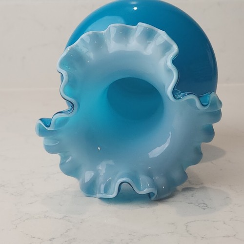 Vintage blaue Rüschen Glas Vase 8" mundgeblasen Kunstglas türkis himmelblau Fenton Stil - Bild 5 von 8