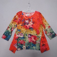 Parsley  Sage Top Medium Red Floral Artsy Flowy Lagenlook Slit Comfort Travel