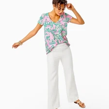 Lilly Pulitzer Large Deri Linen Palazzo Pant White Beach Vacation Resort Elastic