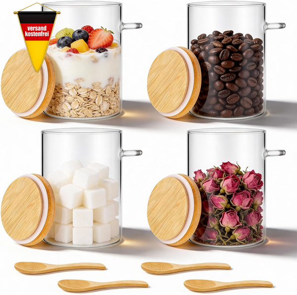 Hejo 4 StüCk Overnight Oats GläSer 500Ml, VorratsgläSer Mit Deckel & LöFfel-image
