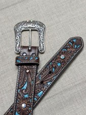 vintage ARIAT buckle belt TOOLED leather 38 brown WESTERN brown CUT-OUT studded