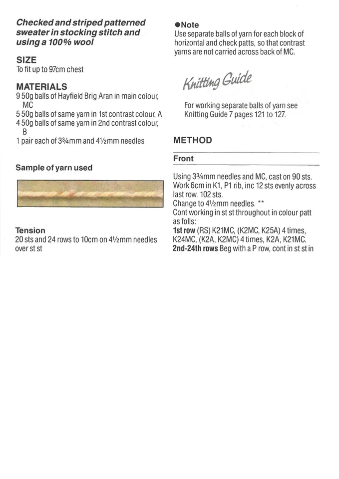 Men’s Checked Stripe Sweater Knitting Pattern Copy – Hayfield Aran Wool – Retro - Image 2 of 3