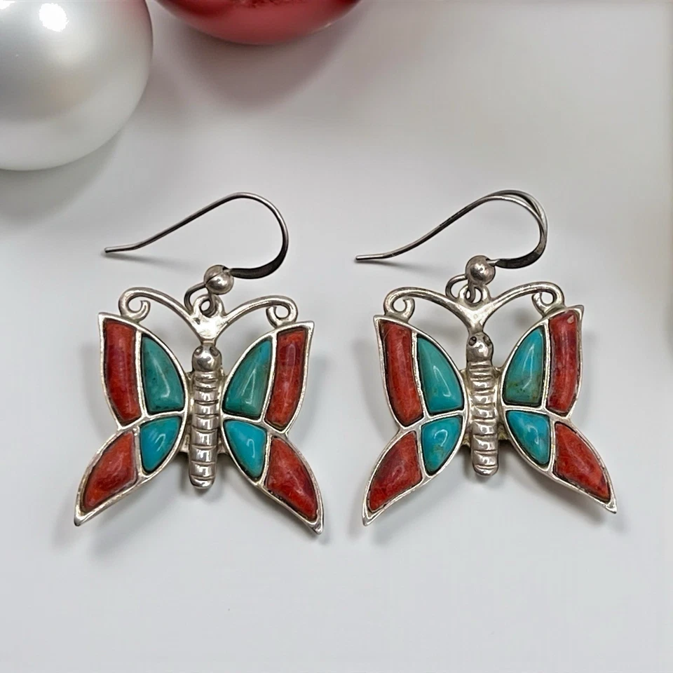 NUEVO Pendientes colgantes Jay King DTR 925 coral rojo esterlina y turquesa mariposa Foto 2 de 4
