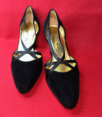 PM Collection  Sz 8 M Black Suede Leather Strappy Closed Toe Heel Wedding Nice!