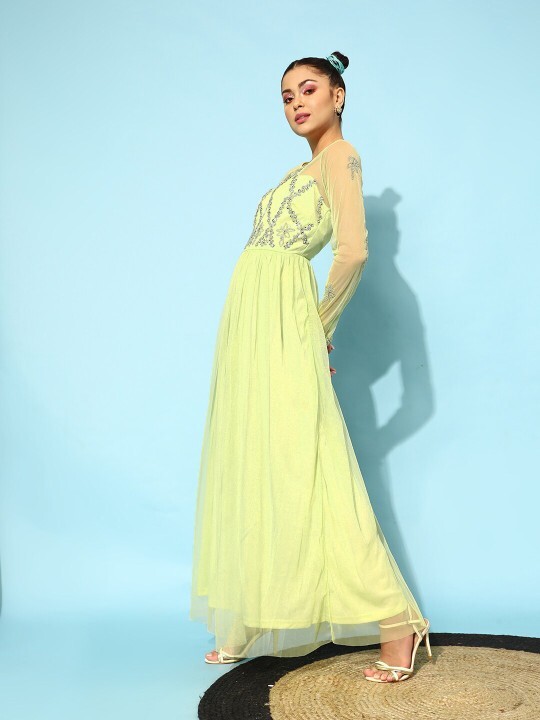 Women Lime Green Fit and Flare Long Sleeves Embellished Maxi Dress XL