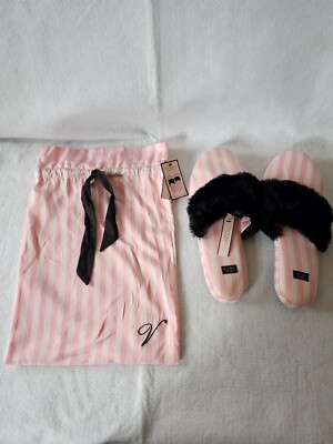 Victoria's Secret SATIN SLIPPERS FAUX FUR STRIPED PINK