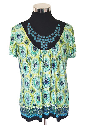 Notations Boho Chic Blouse Women's Size Large Multicolor Aqua Beads Pullover