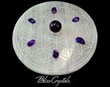 1 placa redonda de selenita con piedra de altar grabada con láser de la flor de la vida #SP62